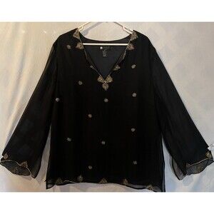 Vtg CAROLE LITTLE Woman Whimsigoth Boho Embroidered Beaded Black Silk Tunic 2X